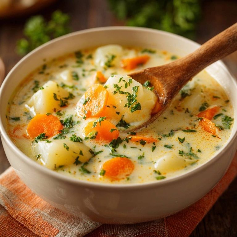 Cremige Kartoffel-Karottensuppe mit einem Holzlöffel, der eine Portion aus der Schüssel hebt, garniert mit Petersilie.