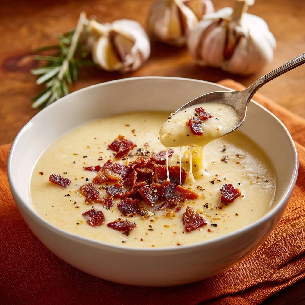 Cremige Kartoffel-Knoblauch-Suppe mit Speck, die mit einem Löffel herausgehoben wird und Käsefäden zeigt.