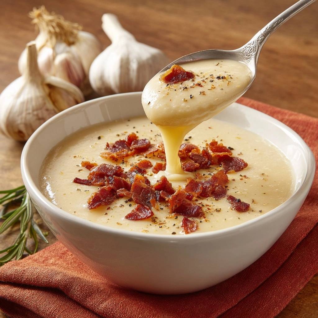 Cremige Kartoffel-Knoblauch-Suppe mit Speck, detailaufnahme eines Löffels mit schöpfkelle und heruntertropfender Suppe