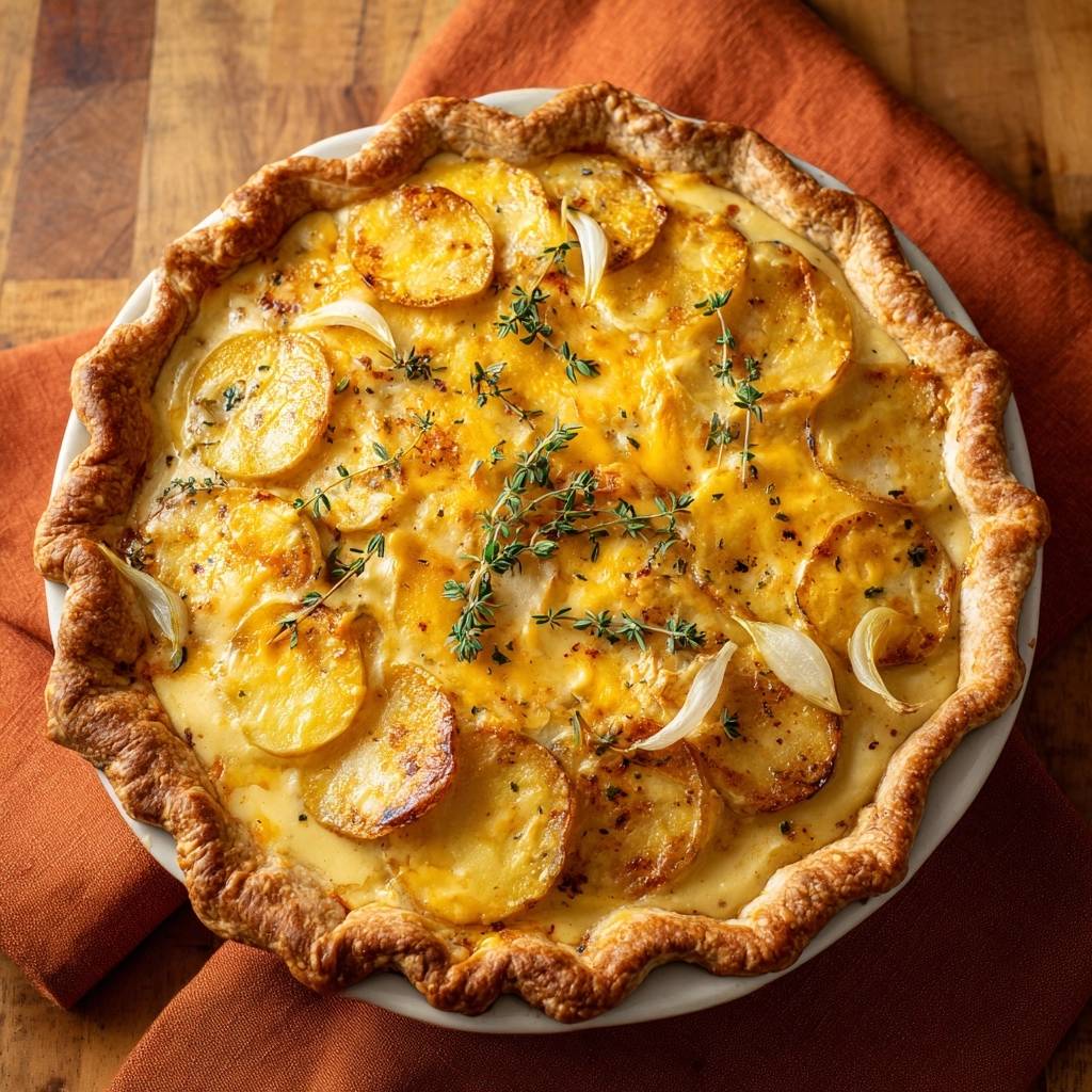 Cremige Kartoffel-Thymian-Tarte mit knusprigem Teigboden, garniert mit frischem Thymian und Zwiebelstücken.