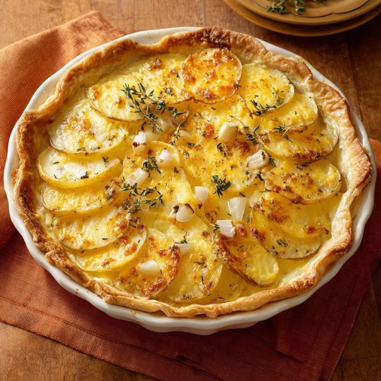 Cremige Kartoffel-Thymian-Tarte mit knusprigem Teigboden, garniert mit frischem Thymian und Zwiebeln.