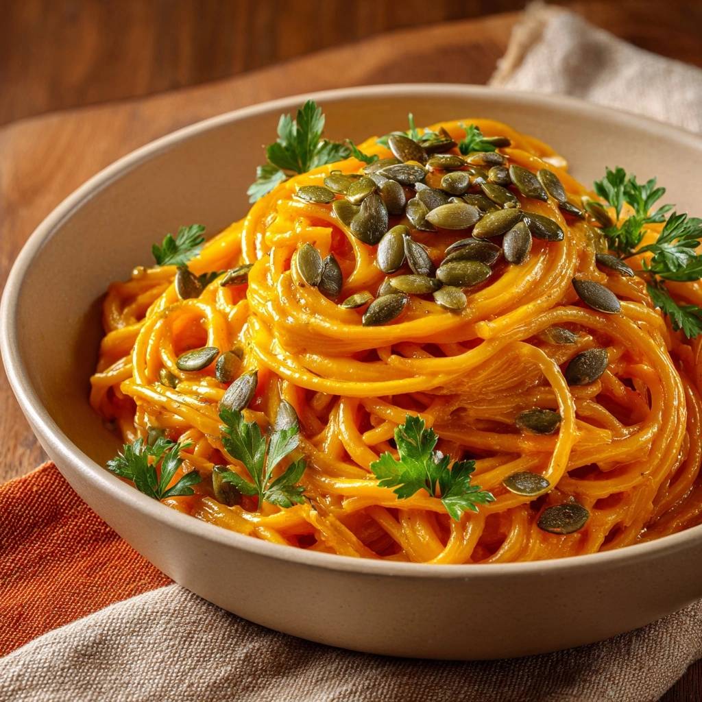 Cremige Kürbis-Pasta mit Kürbiskernen, garniert mit frischer Petersilie und gerösteten Kürbiskernen in einer Schüssel.