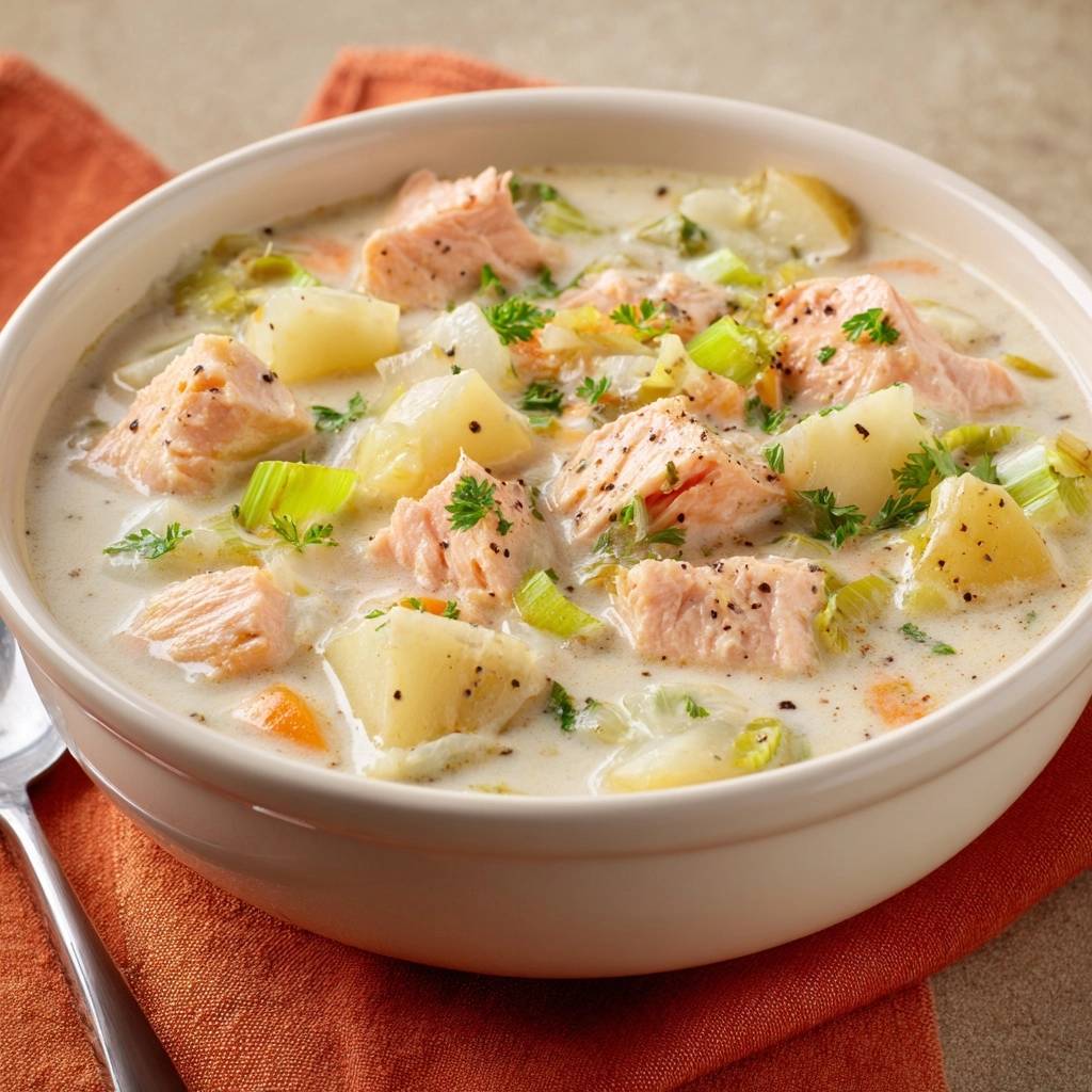 Cremige Lachs-Lauch-Kartoffelsuppe als Nahaufnahme mit Stückchen von Lachs, Kartoffeln, Lauch und Petersilie in einer weißen Schüssel.