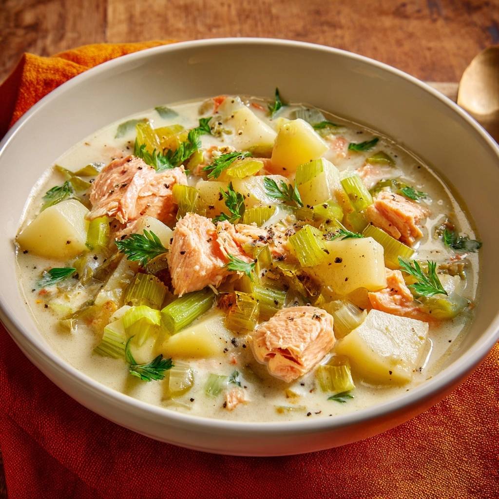 Cremige Lachs-Lauch-Kartoffelsuppe als Nahaufnahme mit Lachsflocken, Kartoffelstücken und frischer Petersilie garniert.