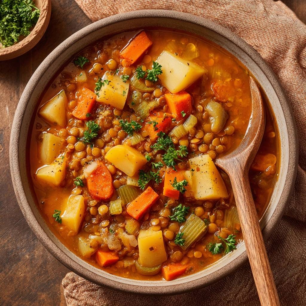 Cremige Linsensuppe mit Kartoffeln und Karotten in einer Schüssel, mit frischer Petersilie garniert und einem Holzlöffel.