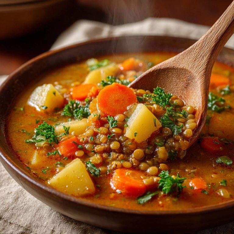 Cremige Linsensuppe mit Kartoffeln und Karotten, nahaufnahme einer Holzkelle mit dampfender Suppe.