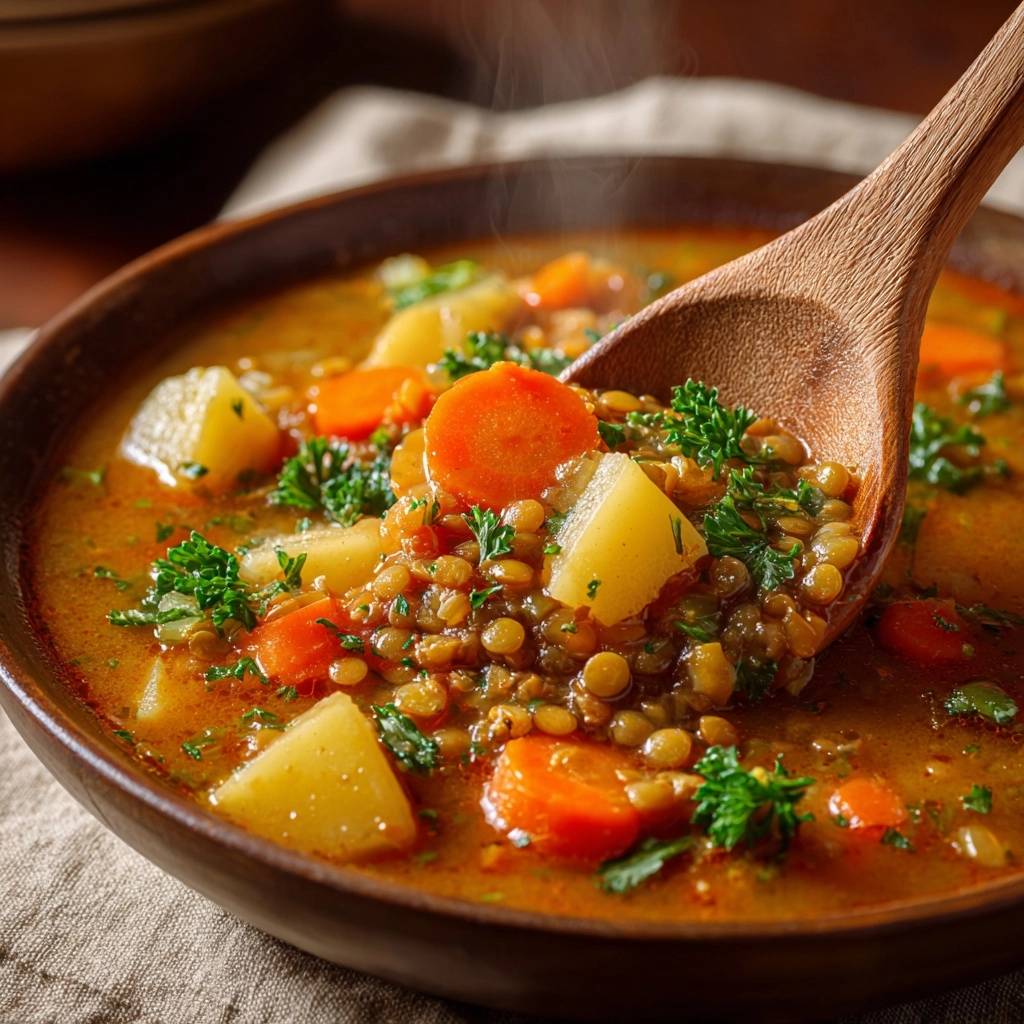 Cremige Linsensuppe mit Kartoffeln und Karotten, nahaufnahme einer Holzkelle mit dampfender Suppe.