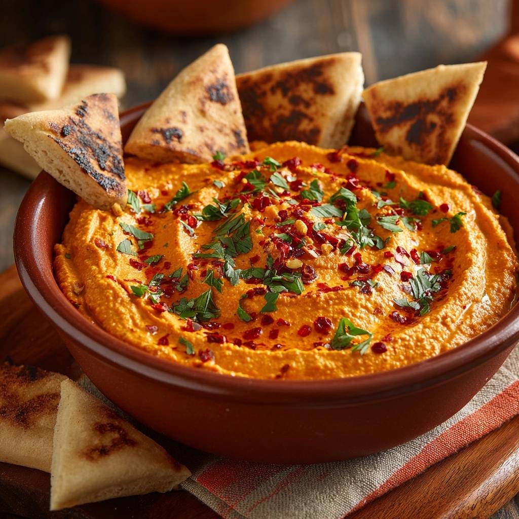 Cremige Muhammara, ein orientalischer Paprikadip, wird hier mit frischer Petersilie und zerstoßenen Chiliflocken garniert serviert.