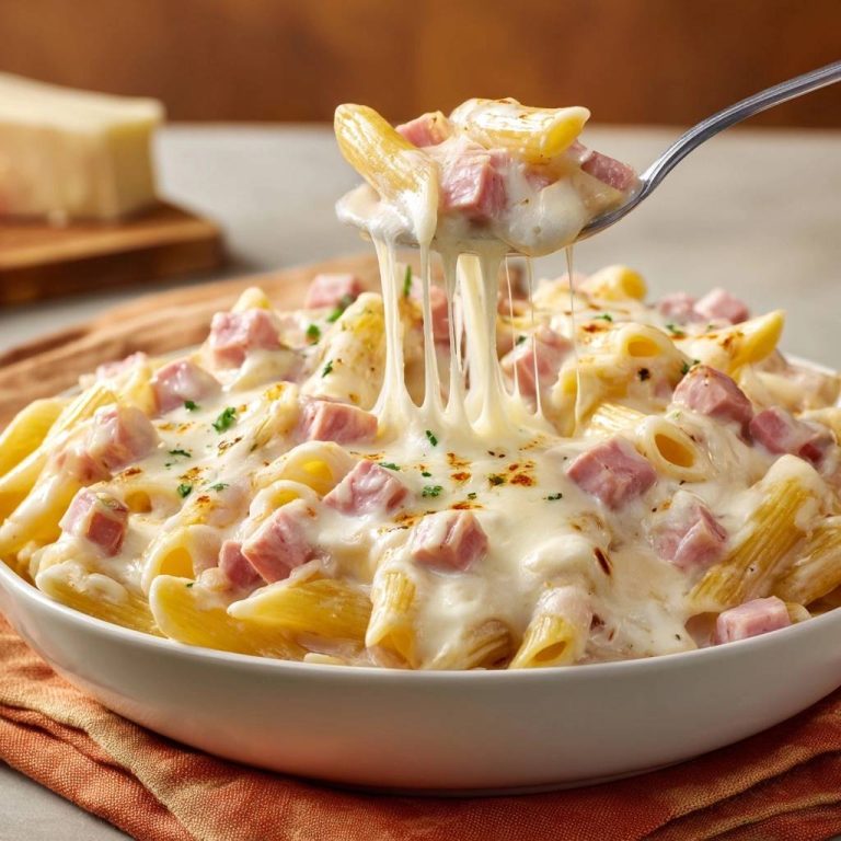 Cremige Penne mit Pute und Käse, ein Löffel mit langen Käsefäden aus der Schüssel gehoben.