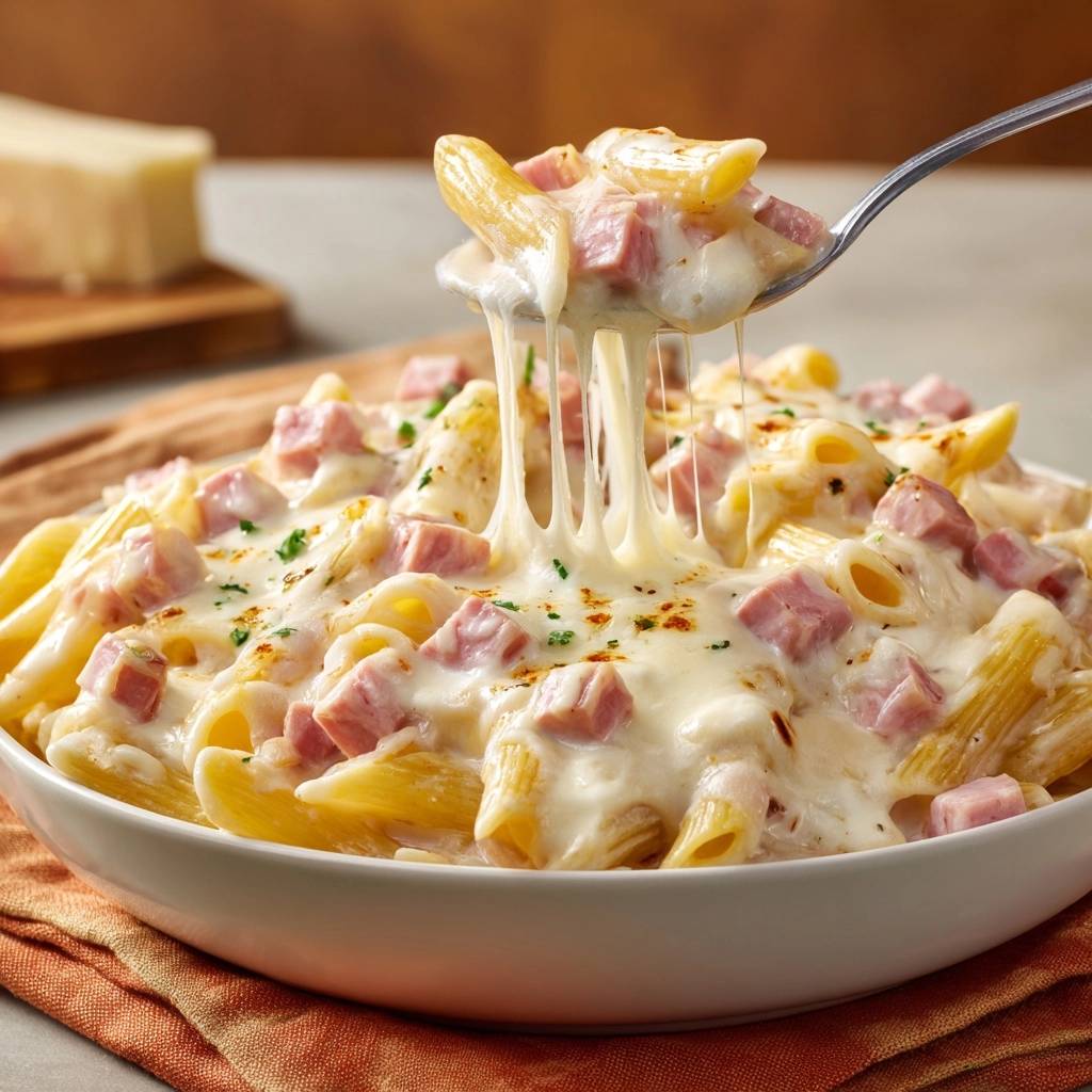 Cremige Penne mit Pute und Käse, ein Löffel mit langen Käsefäden aus der Schüssel gehoben.