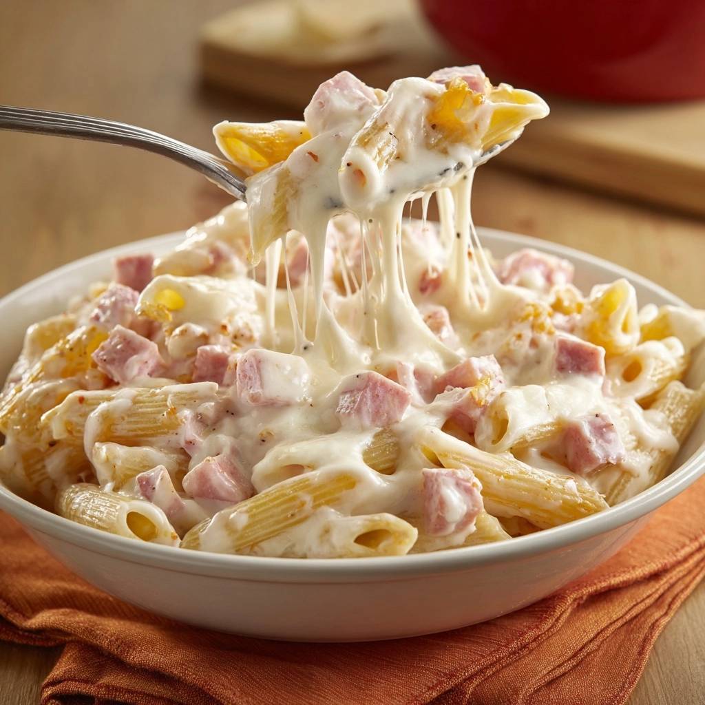 Cremige Penne mit Pute und Käse als Nahaufnahme mit geschmolzenem Käse, der von einer Gabel gezogen wird.