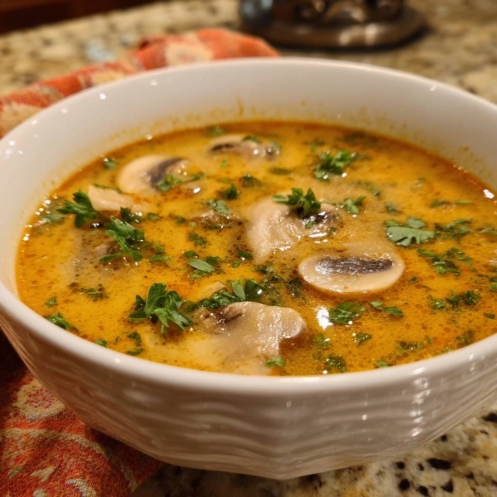 Cremige Pilz-Kokossuppe mit frischen Kräutern und Champignons, als Nahaufnahme serviert.