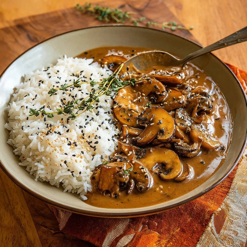 Cremige Pilz-Tofu-Soße mit Thymian über Sesamreis, serviert in einer Schüssel mit einem Löffel und Sesam.