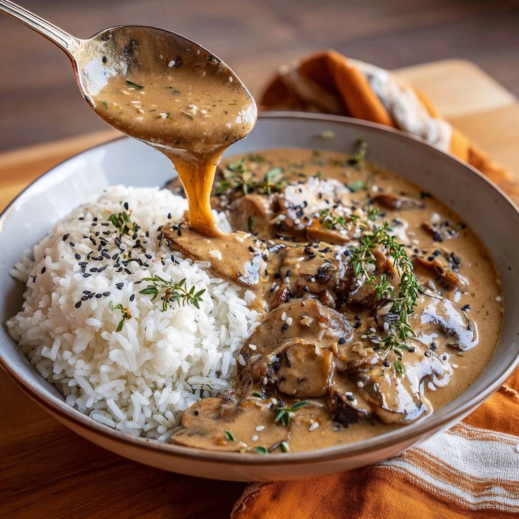 Cremige Pilz-Tofu-Soße mit Thymian über Sesamreis, die von einem Löffel über den Reis gegossen wird.