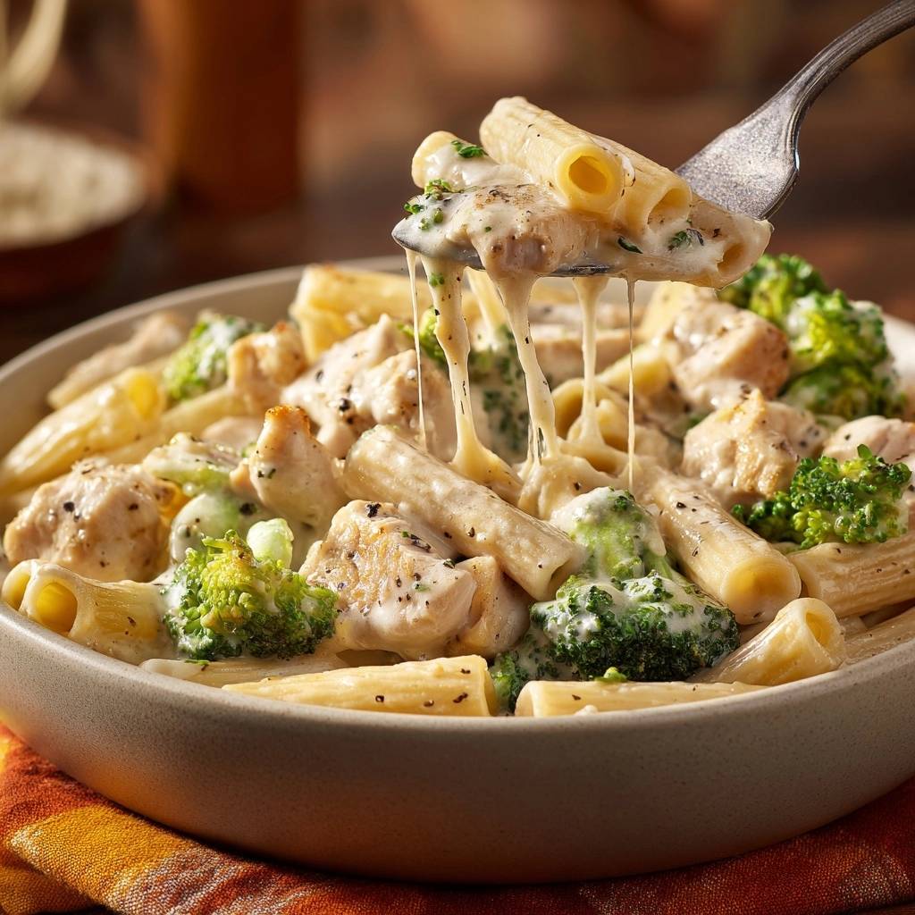 Cremige Rigatoni mit Hähnchen und Brokkoli, die von einer Gabel gezogen werden, mit Fäden schmelzenden Käses.