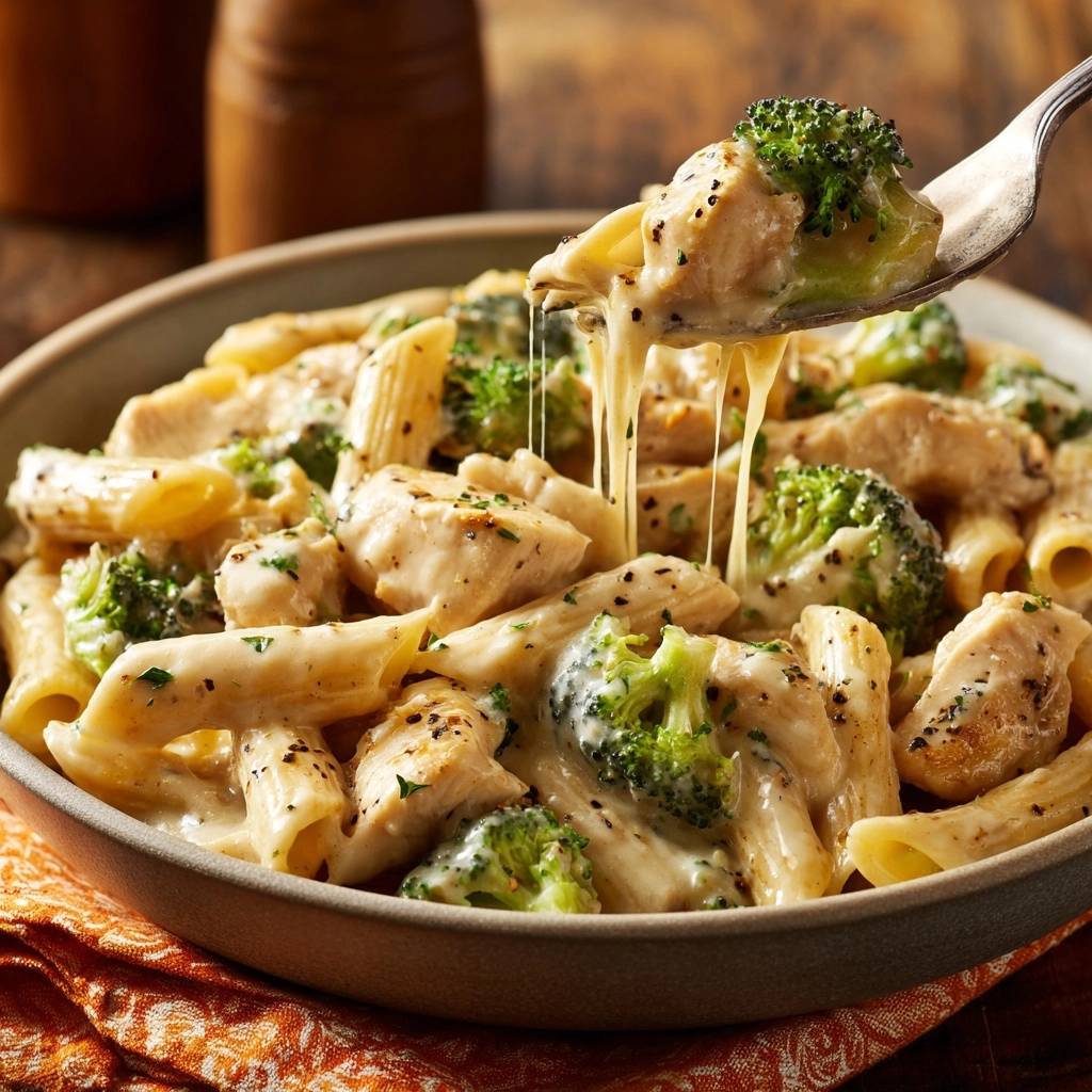 Cremige Rigatoni mit Hähnchen und Brokkoli, mit einem Löffel herausgehoben und zischenden Käsefäden, die die cremige Soße zeigen.