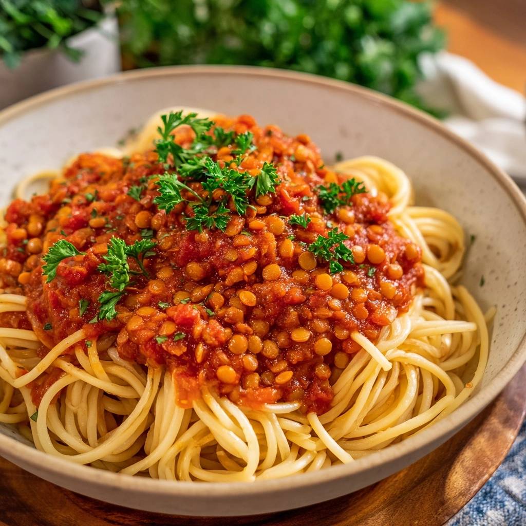 Cremige Spaghetti mit Linsensauce, garniert mit frischer Petersilie, nahaufnahme der Textur.