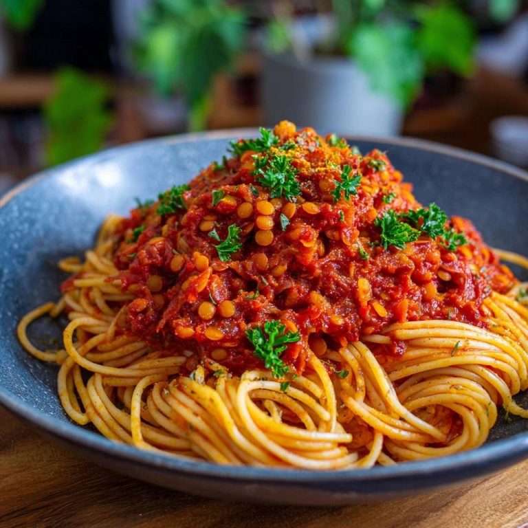 Cremige Spaghetti mit Linsensauce, garniert mit frischer Petersilie und Gewürzen, serviert in einer blauen Schüssel.