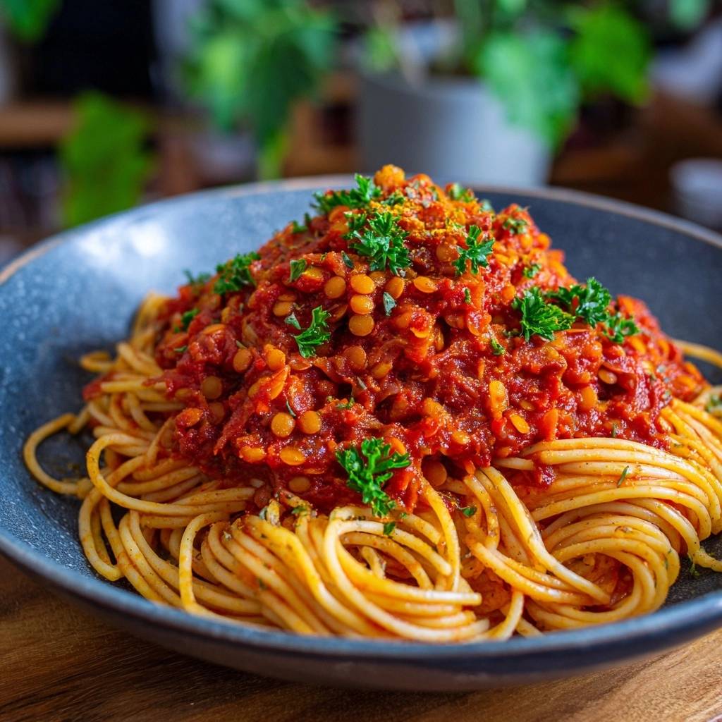 Cremige Spaghetti mit Linsensauce, garniert mit frischer Petersilie und Gewürzen, serviert in einer blauen Schüssel.