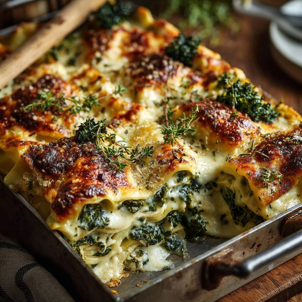 Cremige Spinat-Lasagne angeschnitten, die geschichtete Pasta mit Spinat-Käse-Füllung und goldbraun überbackener Käsekruste zeigt.