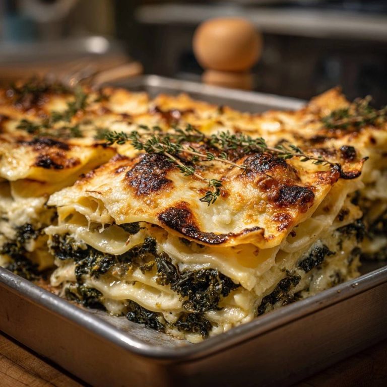 Cremige Spinat-Lasagne im Anschnitt mit frisch gebackener Käsekruste und Kräutern garniert.