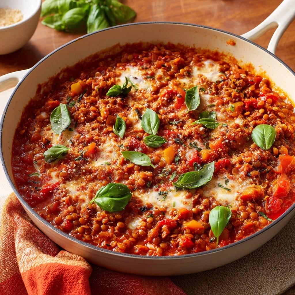Cremige Tomaten-Linsen-Pfanne mit Paprika und Mozzarella, garniert mit frischem Basilikum von oben in einer Pfanne
