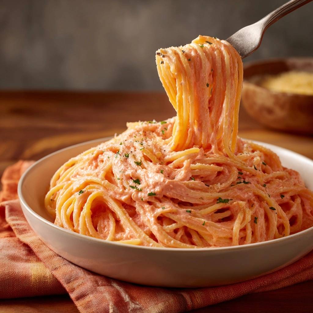 Cremige Tomaten-Spaghetti werden mit einer Gabel aus einer Schüssel gehoben, mit Petersilie und Parmesan garniert.