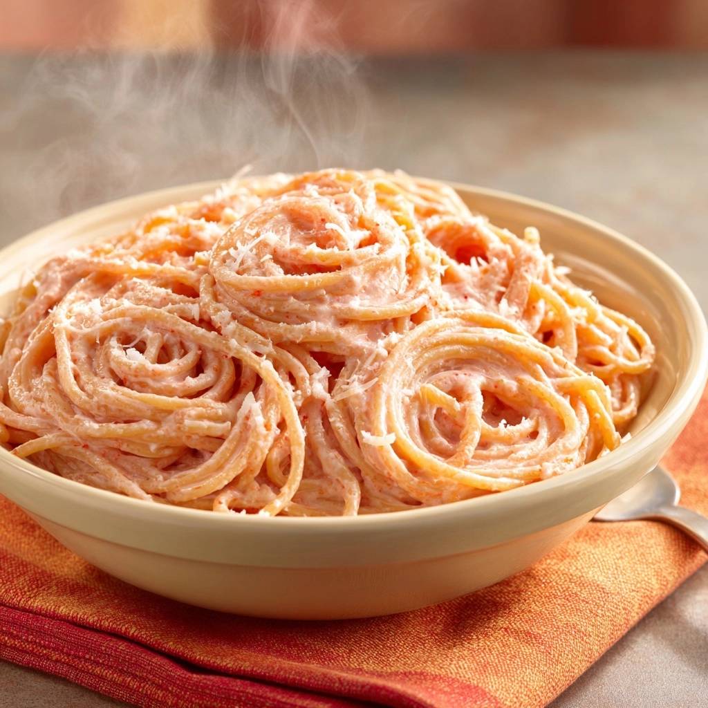 Cremige Tomaten-Spaghetti dampfen in einer Schüssel, bedeckt mit geriebenem Käse und serviert auf einem orangen Tuch.
