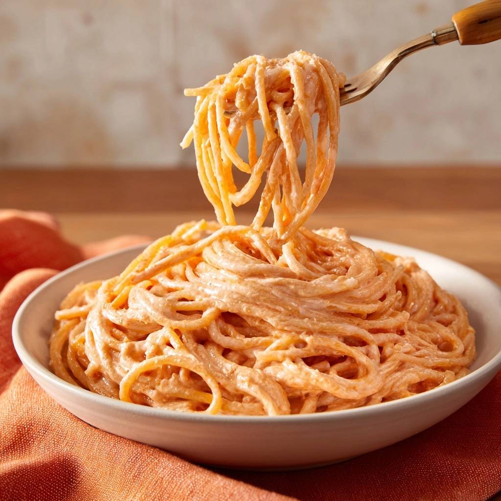 Cremige Tomaten-Spaghetti, eine Gabel hebt eine Portion Nudeln aus der Schüssel, perfekt mit Sauce überzogen.