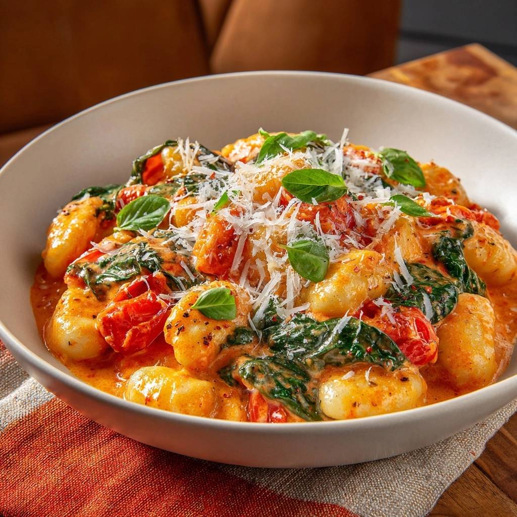 Cremige Tomaten-Spinat-Gnocchi mit frischem Basilikum und geriebenem Parmesan als detailreiche Nahaufnahme garniert.