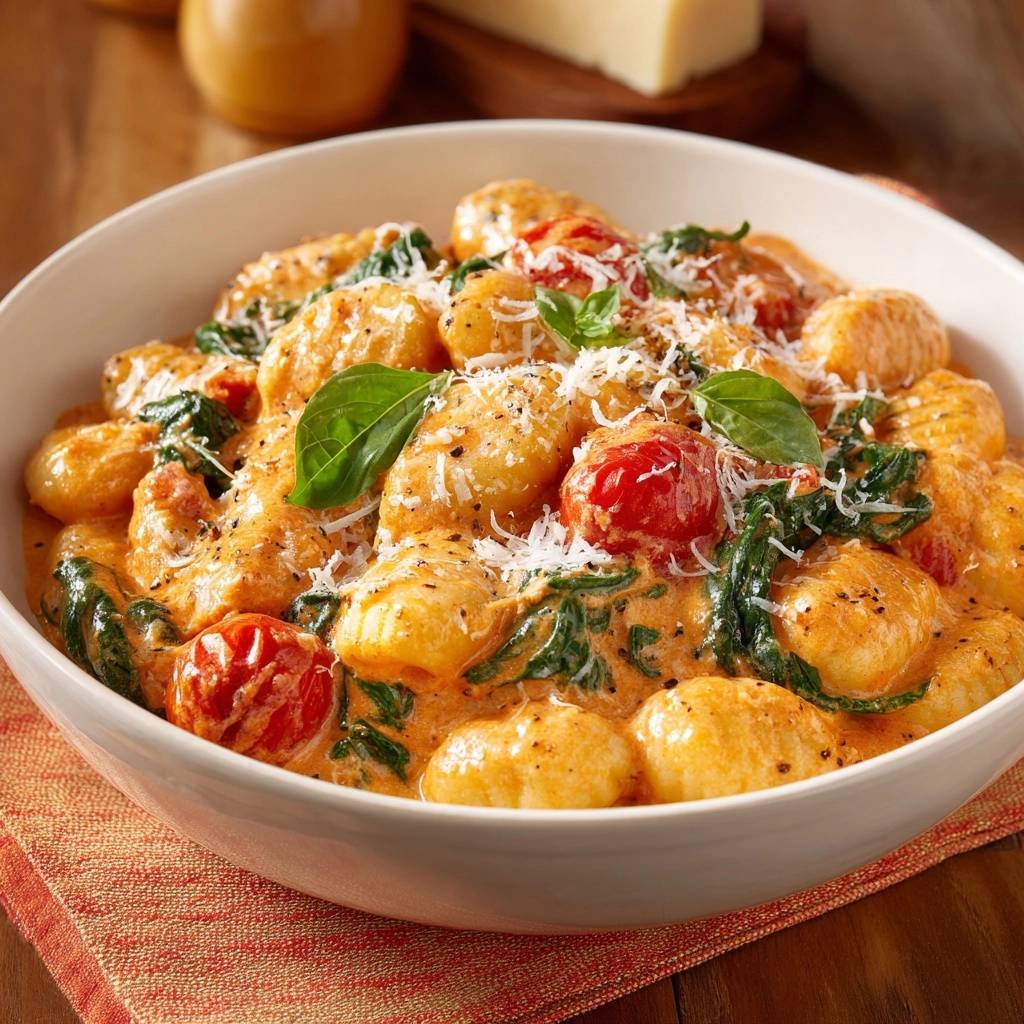 Cremige Tomaten-Spinat-Gnocchi als Nahaufnahme mit geriebenem Parmesan und frischem Basilikum garniert.
