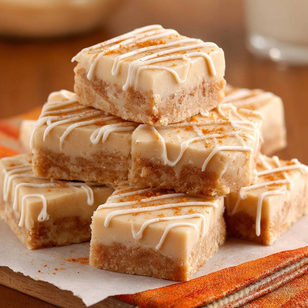 Cremige Zimtkäse-Riegel, gestapelt auf einem Holzbrett, mit weißem Zuckerguss und Zimt bestreut.