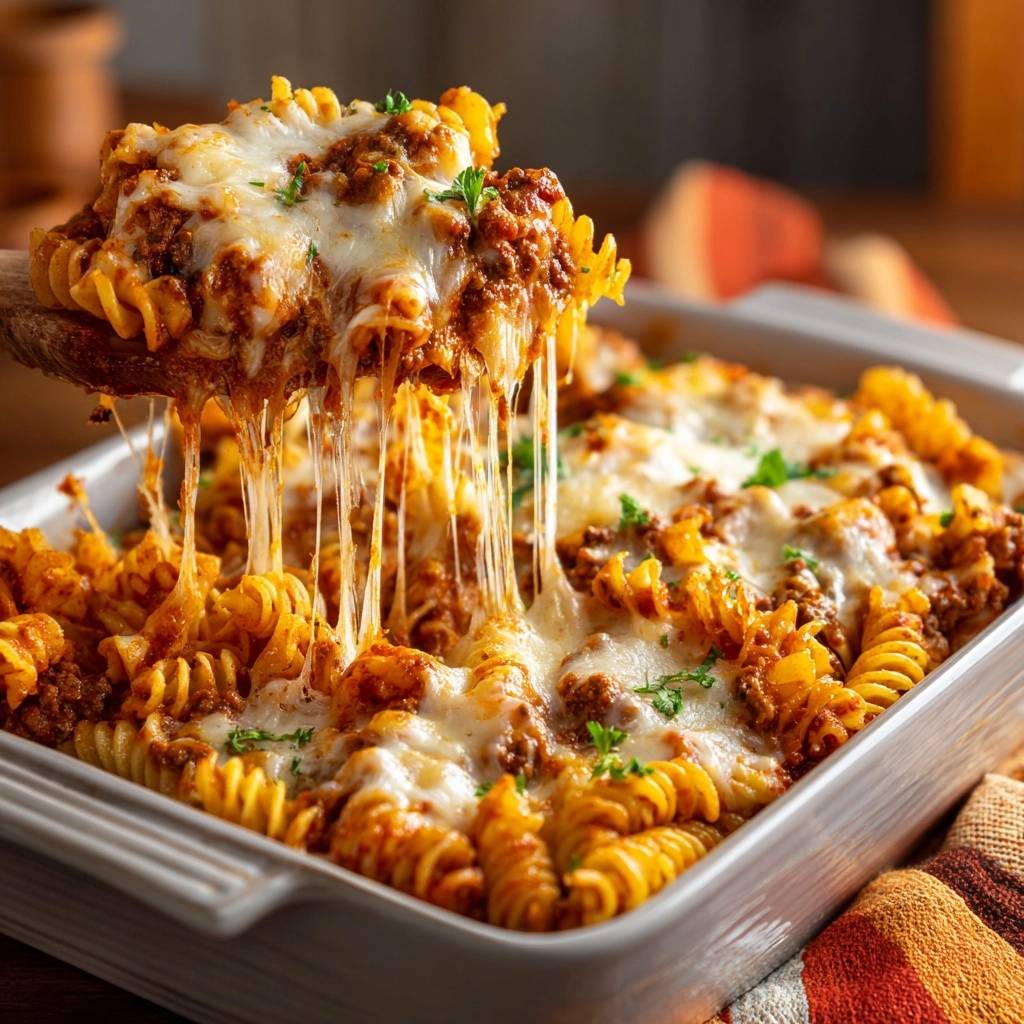 Cremiger Fusilli-Hack-Auflauf mit geschmolzenem Käse, der Fäden zieht, aus einer Auflaufform geschöpft.