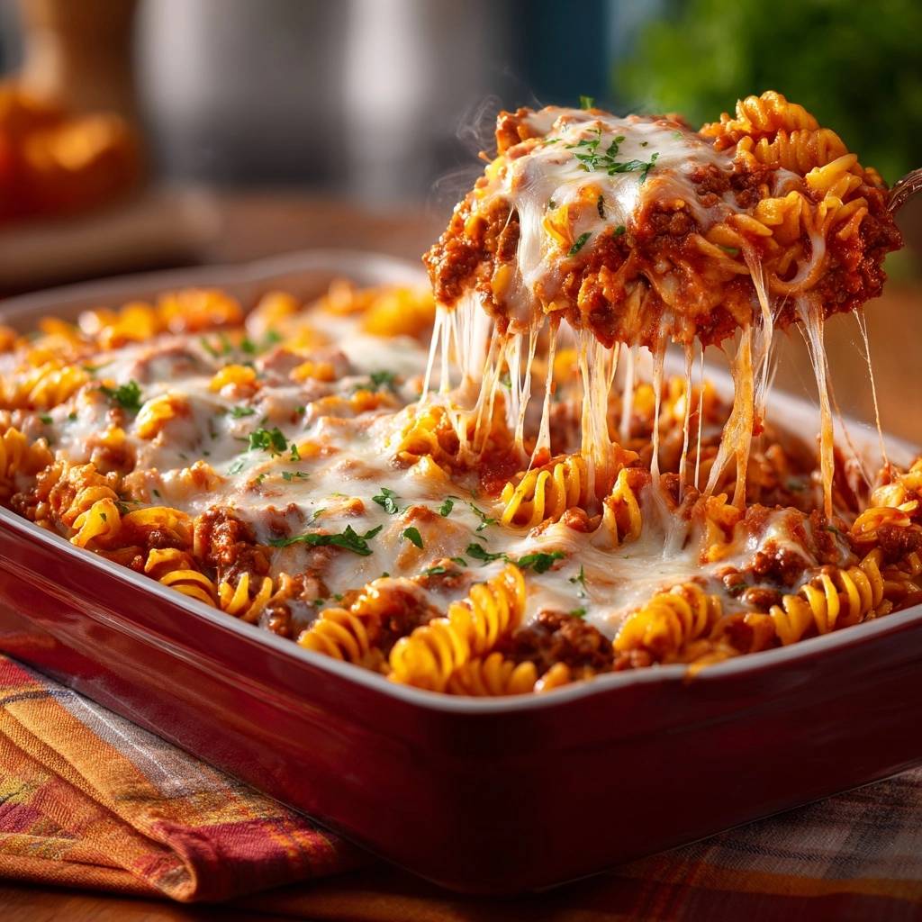 Cremiger Fusilli-Hack-Auflauf mit geschmolzenem Käse, der Fäden zieht, frisch aus dem Ofen.