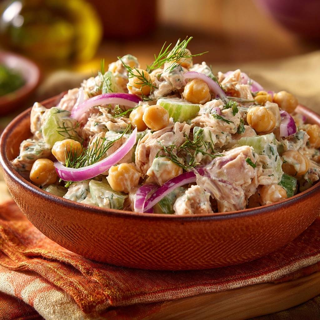 Cremiger Hähnchen-Kichererbsen-Salat mit Dill, serviert in einer rustikalen Schüssel mit Kichererbsen, Gurken und roten Zwiebeln.