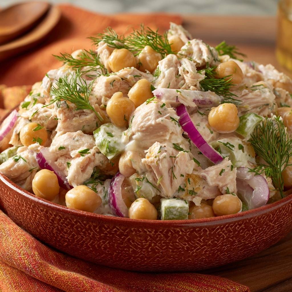 Cremiger Hähnchen-Kichererbsen-Salat mit Dill in einer Schüssel, nahaufnahme der Textur und Zutaten.