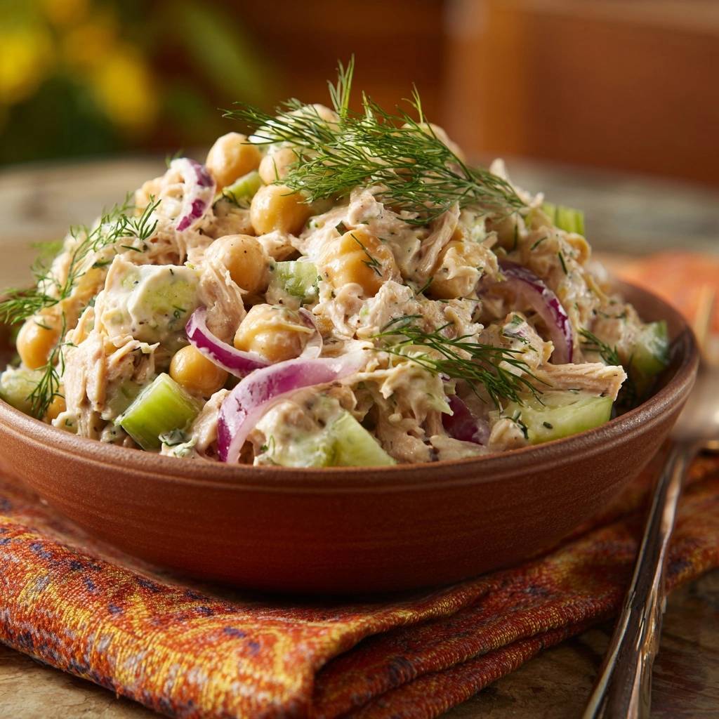 Cremiger Hähnchen-Kichererbsen-Salat mit Dill und Gurke, serviert in einer braunen Schüssel mit Fokus auf die Textur der Zutaten.