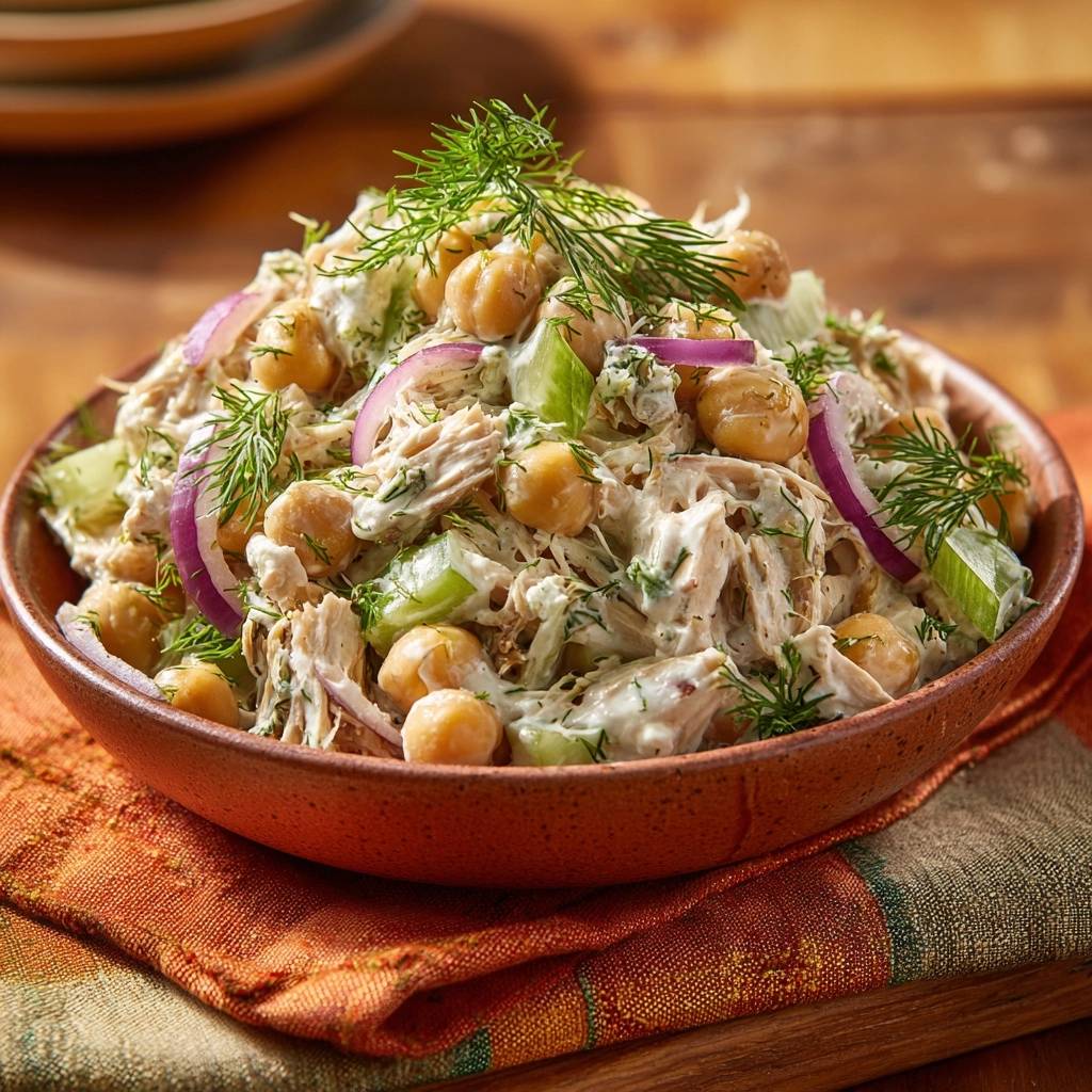 Cremiger Hähnchen-Kichererbsen-Salat mit Dill und Gurke, nahaufnahme der Textur und Zutaten in einer Schüssel.