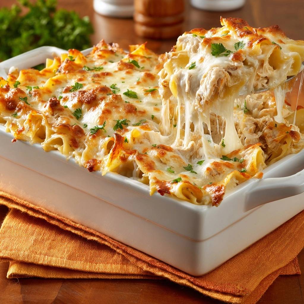 Cremiger Hähnchen-Lasagne-Auflauf mit Käse, der beim Anheben der Portion Fäden zieht