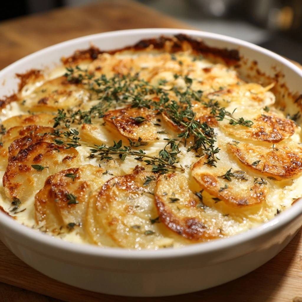 Cremiger Kartoffel-Thymian-Gratin, frisch aus dem Ofen mit Thymian garniert und goldbraun gebacken