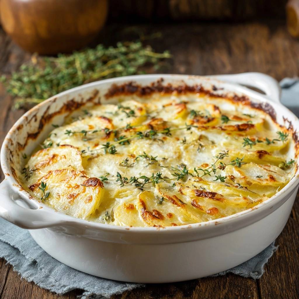 Cremiger Kartoffel-Thymian-Gratin mit frischem Thymian garniert in einer weißen Auflaufform auf einem Holztisch