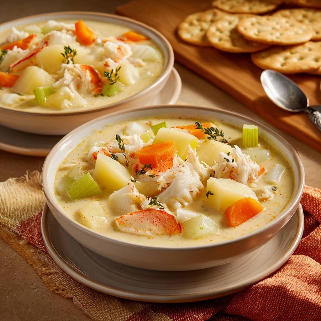 Cremiger Krabben-Kartoffel-Chowder serviert in zwei Schalen mit Kartoffeln, Karotten und Krabbenfleisch garniert.