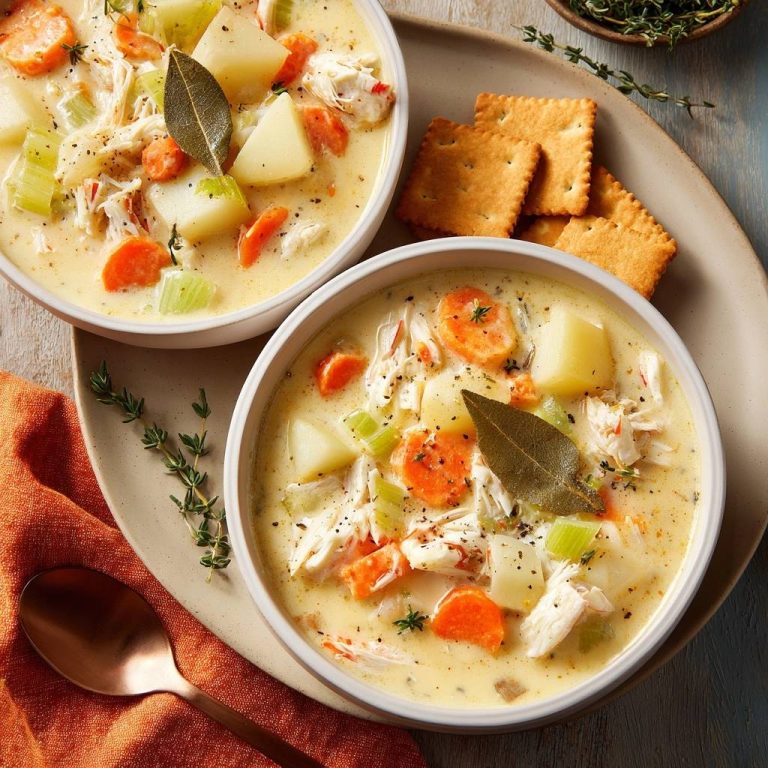 Cremiger Krabben-Kartoffel-Chowder in zwei Schalen, serviert mit Crackern und garniert mit frischen Kräutern, Nahaufnahme.