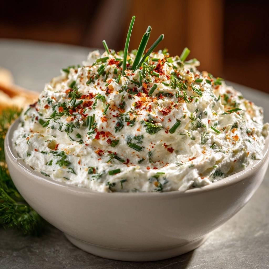 Cremiger Kräuter-Paprika-Dip, garniert mit frischen Kräutern und Chiliflocken, in einer Schüssel serviert.