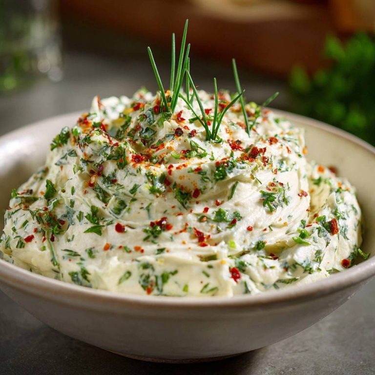 Cremiger Kräuter-Paprika-Dip mit Chilis und Kräutern in einer Schüssel, Nahaufnahme der Textur.