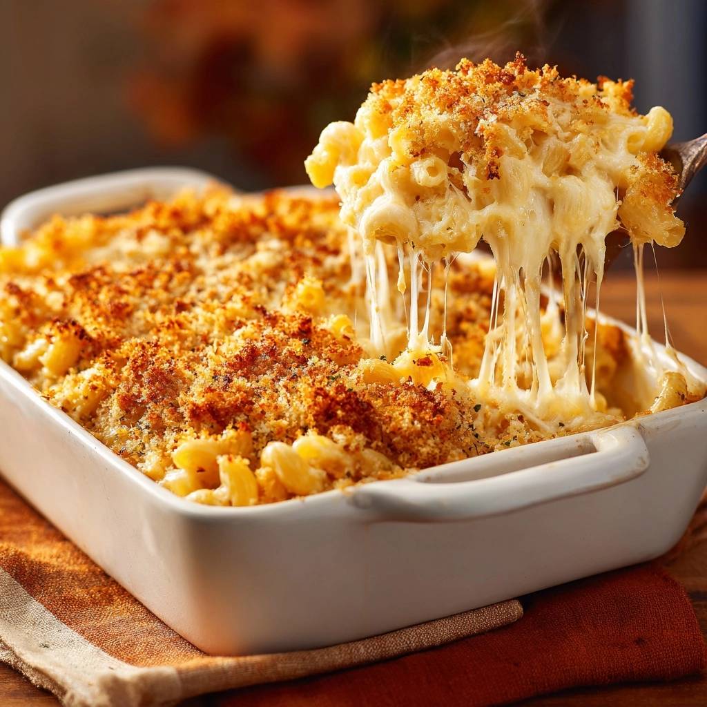 Cremiger Mac and Cheese mit perfekt gebackener Kruste, aus dem ein Löffel mit ziehendem Käse herausgehoben wird.