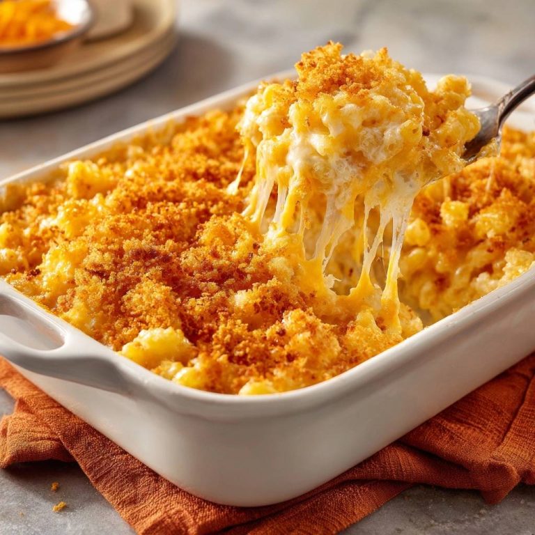 Cremiger Mac and Cheese mit Käsefäden, der von einer Gabel aus einer Auflaufform gezogen wird, Nahaufnahme