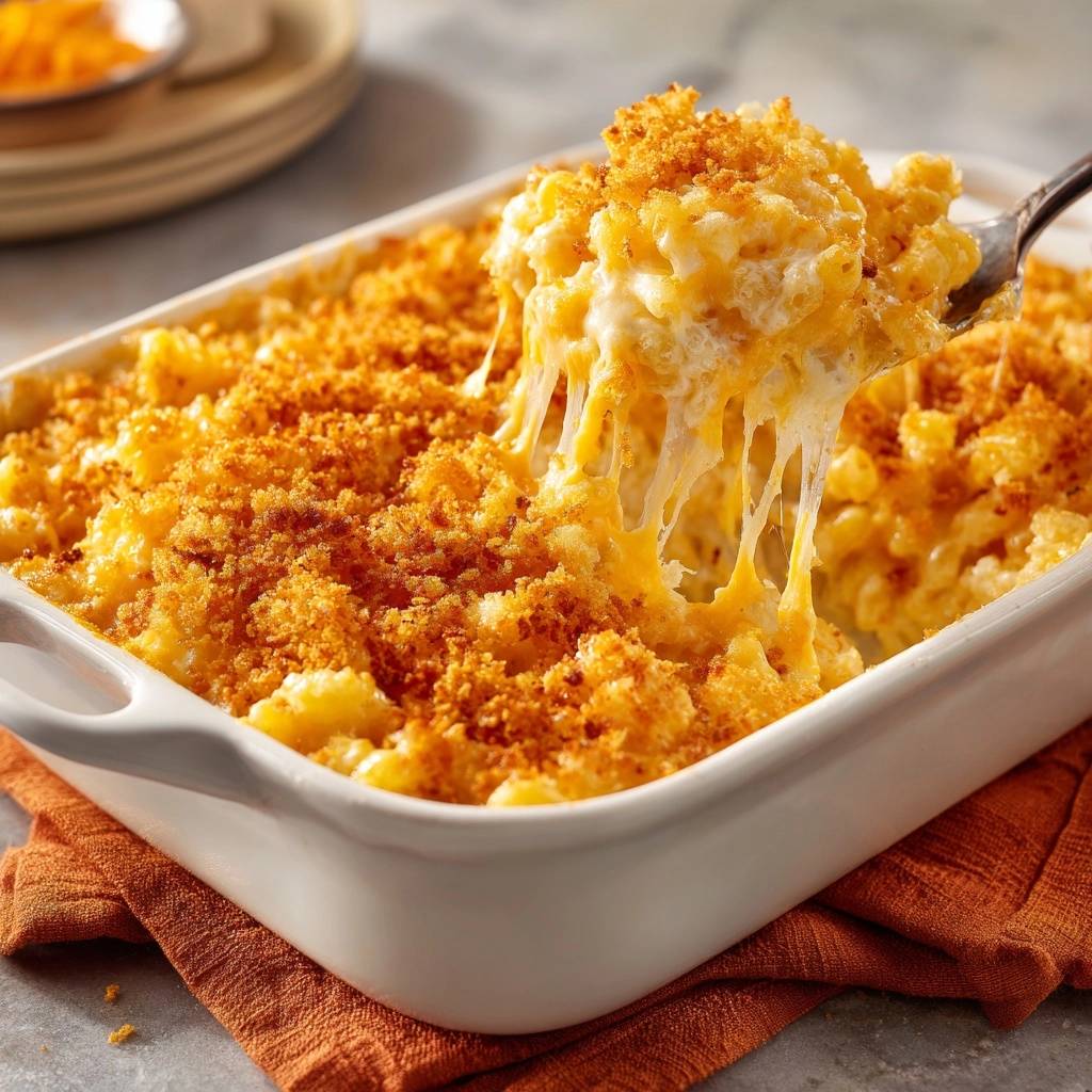 Cremiger Mac and Cheese mit Käsefäden, der von einer Gabel aus einer Auflaufform gezogen wird, Nahaufnahme
