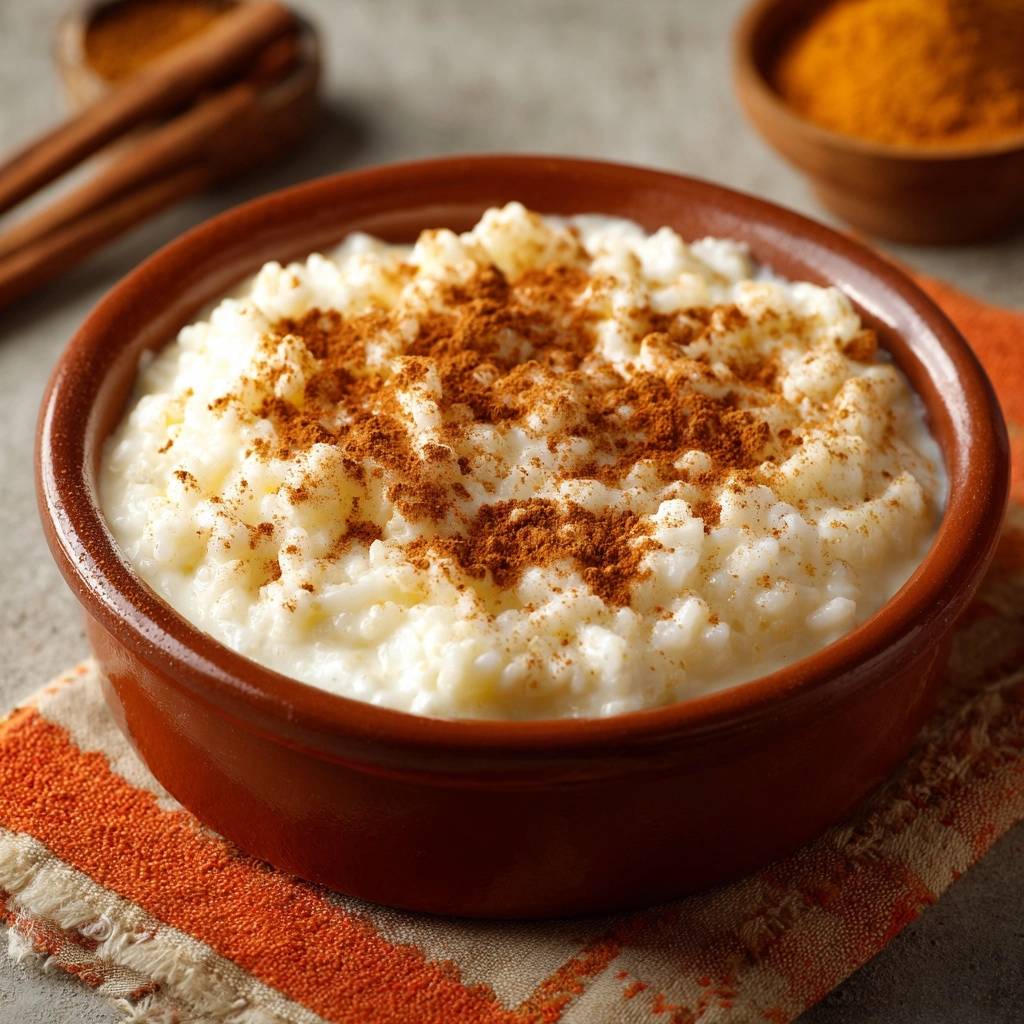Cremiger Milchreis mit Zimt als Nahaufnahme, bestreut mit Zimtpulver in einer braunen Schüssel.