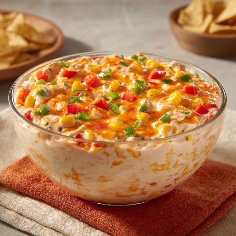 Cremiger Paprika-Mais-Dip in einer Glasschüssel mit sichtbaren Maiskörnern, Paprikawürfeln und Frühlingszwiebeln.